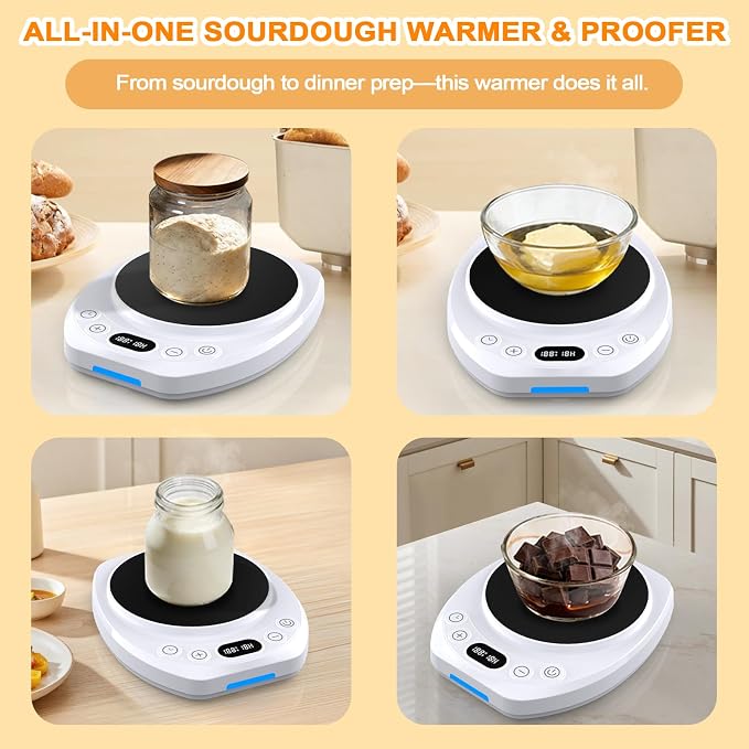 Sourdough Starter Warmer Mat,65-110°F 1°F Precision, 24H Timer & Memory, Electric Heating Mat for 24-40oz Jars, Home Baking（white）