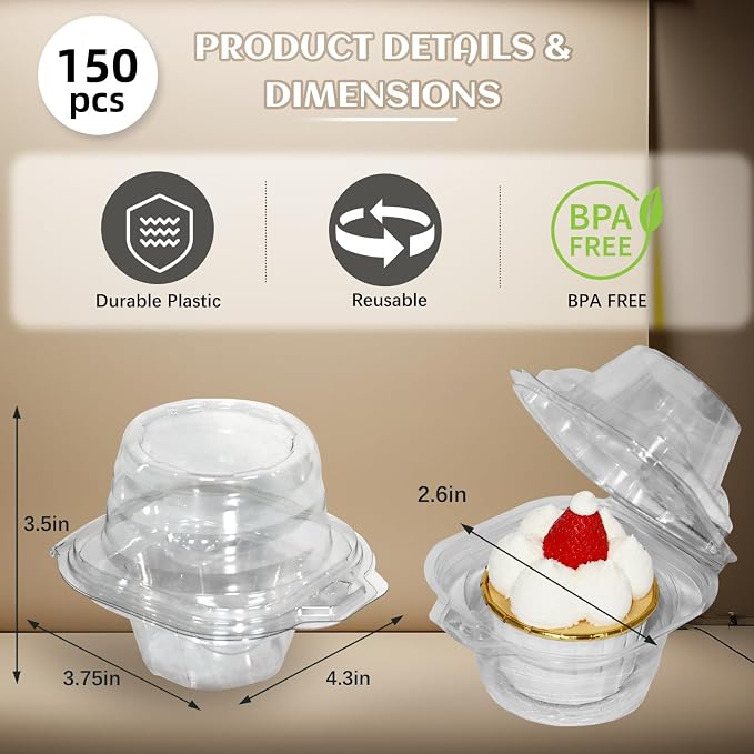 WIKDAY 150 Pcs Individual Cupcake Containers, Clear Plastic Cupcake Holders with Lids, Spacious 3" Design for Frosted Cupcakes, Stackable & Reusable for Parties, Baking, Picnics