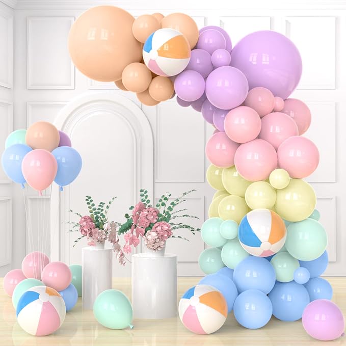 152PCS Summer Beach Balloon Arch Kit Pool Colorful Macaron Balloon Garland for Swimming Party Decorations Pastel Pink Beach Ball Birthday Wedding Gathering Supplies Decor