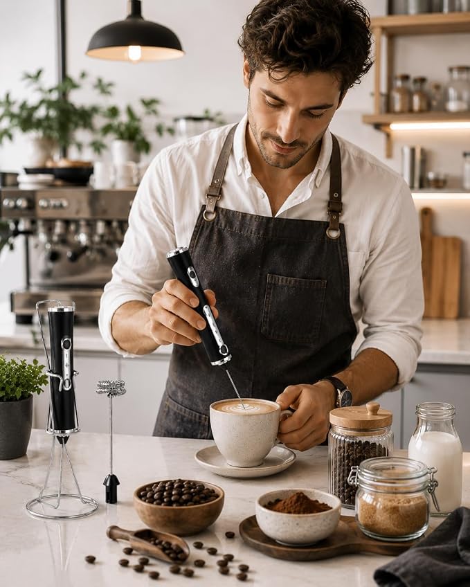 Rechargeable Milk Frother Handheld, Electric Coffee Frother with 2 Whisk, 3-Speed Powerful Drink Mixer, USB-C, Milk Foamer for Coffee,Latte,Cappuccino,Matcha & HotChocolate (Black+Stand)