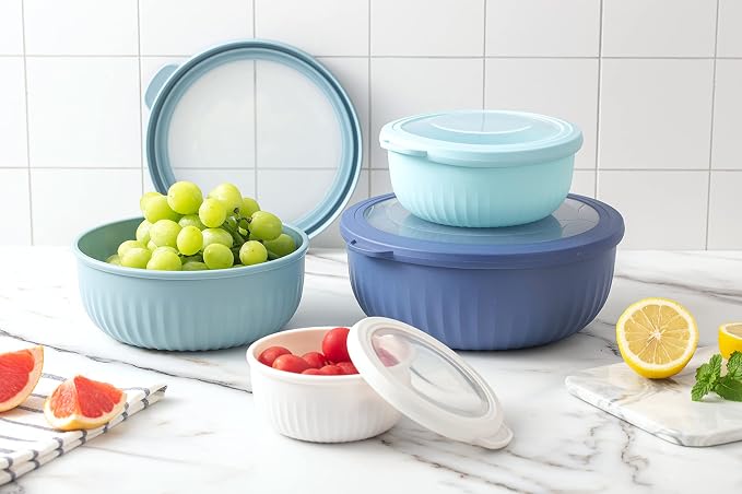 COOK WITH COLOR Prep Bowls with Lids- Wide and Deep Nesting Plastic Small Mixing Bowl Set with Lids, 8 Piece Set - Wide Bowls, Blue