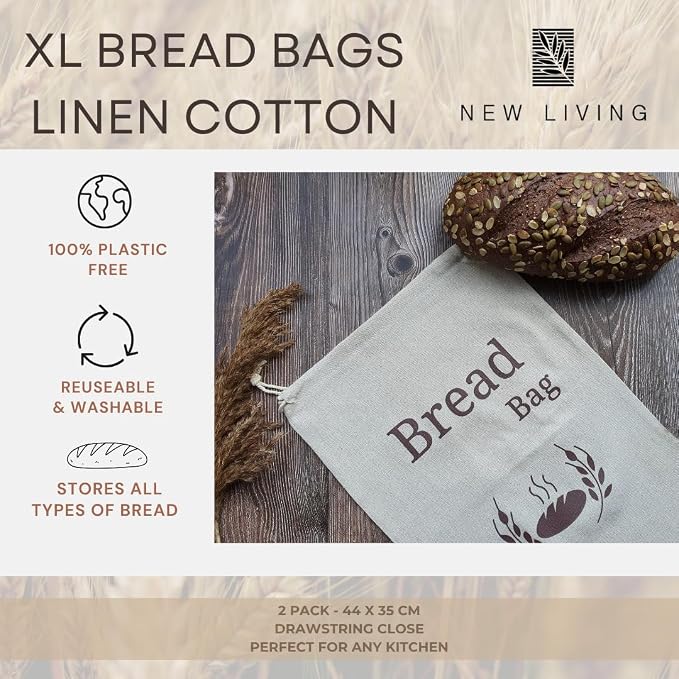 New Living Organic Linen Cotton Bread Bags 2 Pack | Extra Large 44x35 cm | Reusable Bread Storage Bags