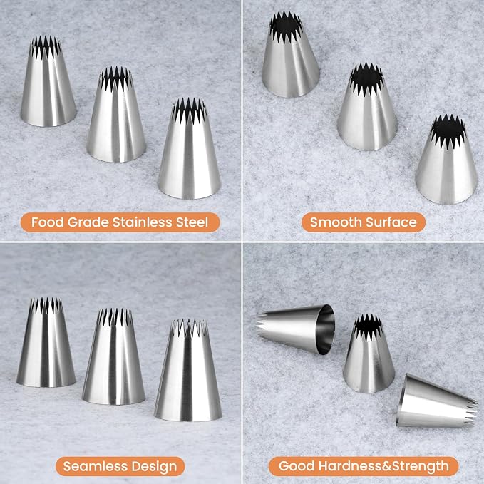 Kasmoire 3Pcs Churro Piping Bags and Tips Set,Stainless Steel 9FT Icing Tips Set with 10Pcs Disposable Piping Bags,Open Star Pastry Tips for Cake Decorating
