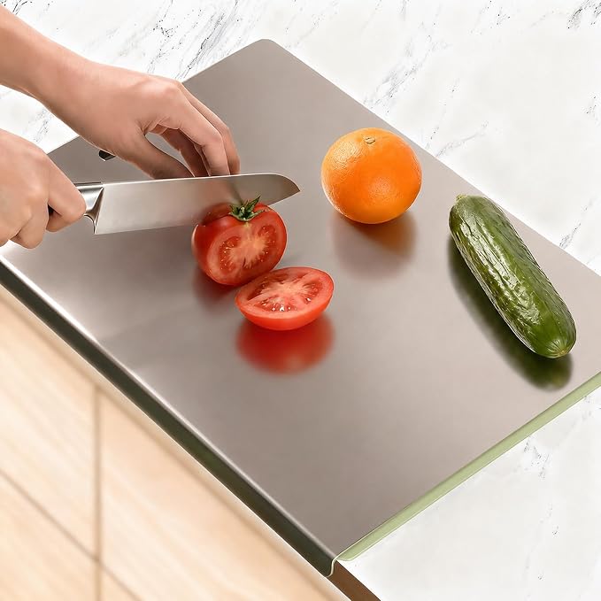 Large Stainless Steel Cutting Board with Lip for Kitchen, Chopping Boards with Green Non-slip Mat, Cutting Board with Counter Lip for Meat, Fruits, Vegetables, Bread,Dough(15.7" × 11.8")