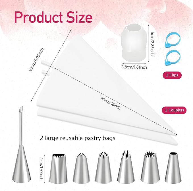 14pcs Reusable Piping Bags and Tips Set,16inch Cotton Baking Kit with Coupler,for Cake Decorating, Cupcakes, Cookies, Home Bakers, Chefs