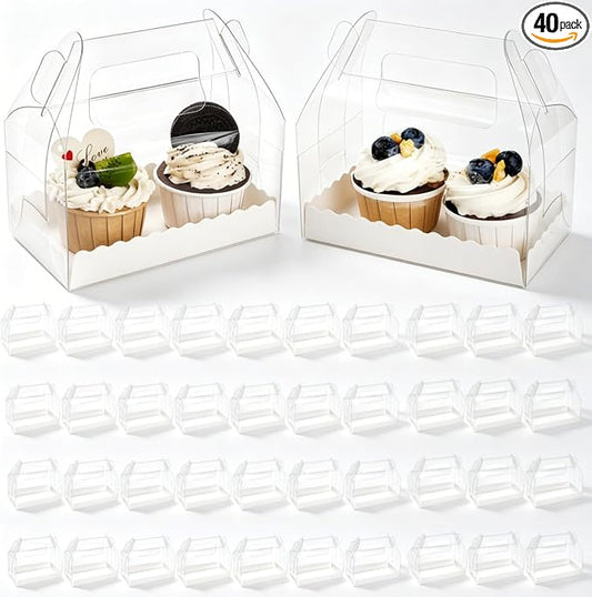 Clear Gable Bakery Gift Box,40 Pack, Handles, Party Favor | Candy Treat Boxes, Treat Dessert Cookies Container for Birthday Wedding Baby Shower, 6.4''L x 3.5''W x 3.3''H