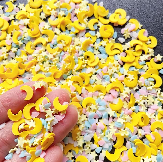 EHOPE 50g Fake Sprinkles Resin Sprinkles Fake Candy Sprinkles Clay Sprinkles Polymer Sprinkles Polymer Clay Slices for Nail Art DIY Crafts Cake Phone Case(Moon Stars Slices-07)