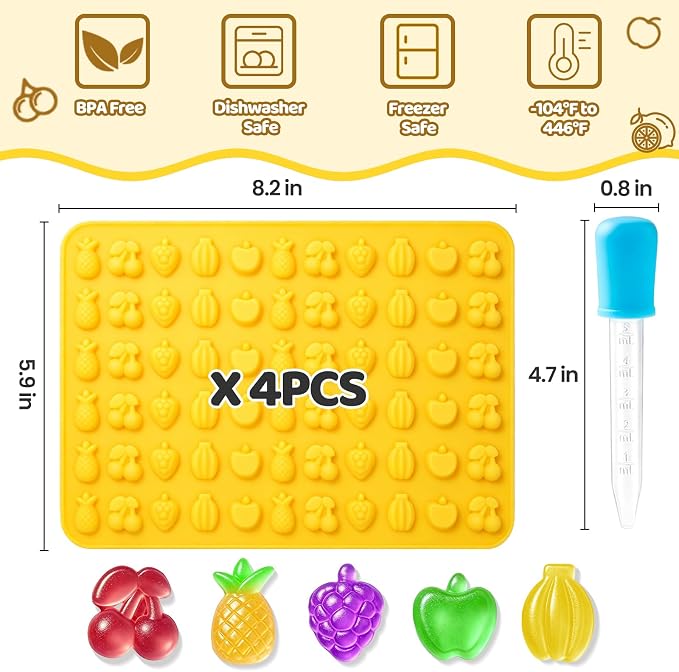 Fruit Snack Molds, 4pcs Gummy Molds Silicone Chocolate Candy Molds With 2pcs Dropper, Including Mini Pineapple, Banana, Cherry, Apple, Grape Shape