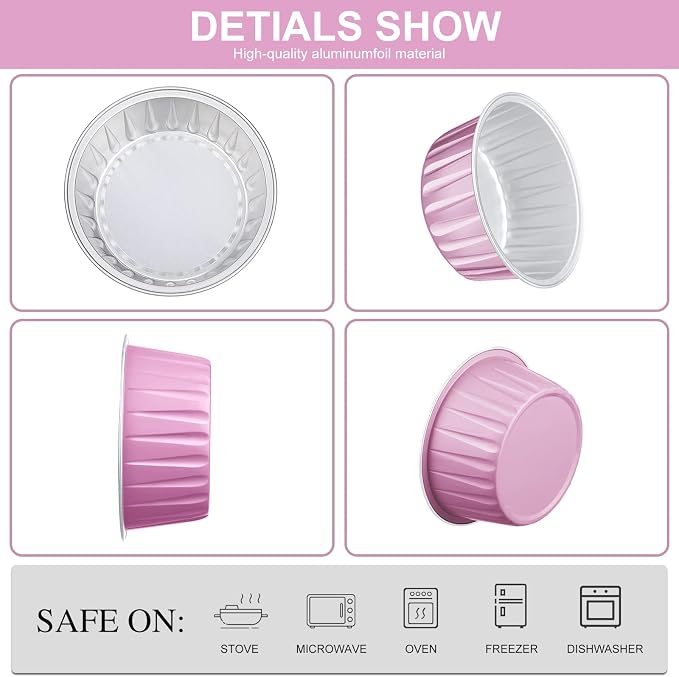 200 Pack Aluminum Foil Cupcake Liners with Lids, 5 oz Round Baking Cup, Disposable Ramekin Container for Graduation Wedding Independence Day Party(Pink,Plain)
