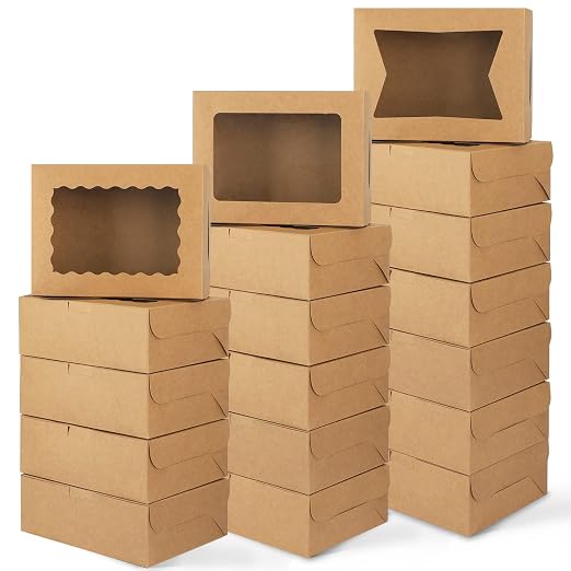 Moretoes 32pcs Cookie Boxes, 8x6x2.5 Bakery Boxes with Window 3 Styles, for Chocolate Strawberries, Dessert, Donuts, Cupcakes, Muffins