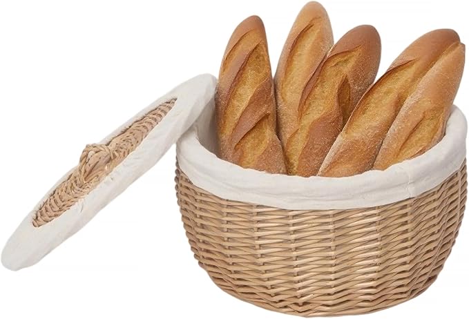 Wicker Bread Basket Serving with Lid & Removable Lining, Sourdough Proofing Basket,Eco-friendly Bread Storage basket Ideal for Picnics & Dining(Round)