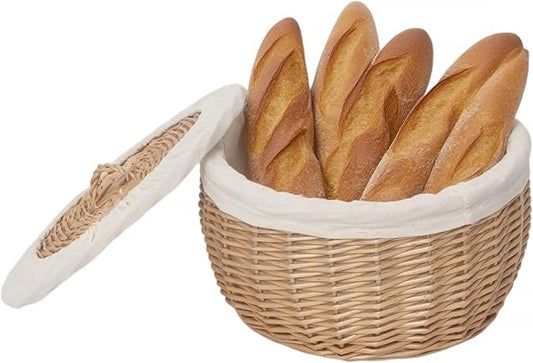 Wicker Bread Basket Serving with Lid & Removable Lining, Sourdough Proofing Basket,Eco-friendly Bread Storage basket Ideal for Picnics & Dining(Round)
