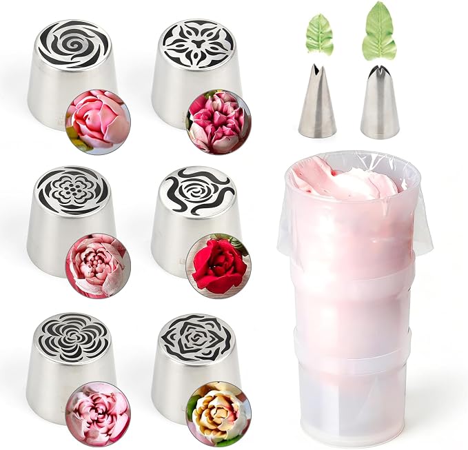 9Pcs Extra Large Russian Piping Tips Set, Stainless Steel Rose Flower Nozzles for Cake Decorating Baking Tools, Includes 6 Extra Large Flower Tips, 2 Leaf Tips, 1 Piping Bag Adapter