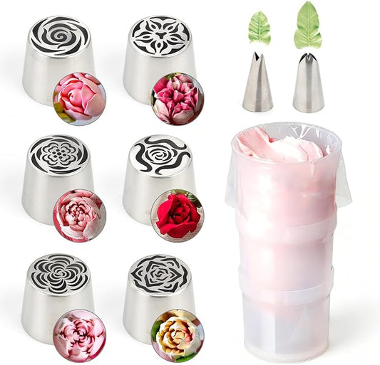 9Pcs Extra Large Russian Piping Tips Set, Stainless Steel Rose Flower Nozzles for Cake Decorating Baking Tools, Includes 6 Extra Large Flower Tips, 2 Leaf Tips, 1 Piping Bag Adapter