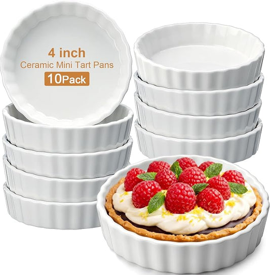 Hushee 10 Pack 5 Oz Creme Brulee Ramekins, Ceramic Brulee Souffles Dishes, Wave Round Pie Pan Mini Fluted Quiche Dishes for Dessert, Pie, Tart, Oven Microwave Dishwasher Safe, White