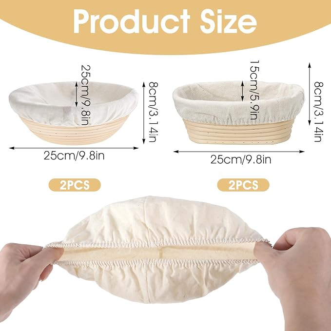 4Pcs Banneton Liners, 10In Cloth Bowl Covers for Bread Proofing,Reusable Natural Rattan Banneton Liner Cloth Cover for Bakery Home Baking, 2 Round & 2 Oval Sourdough Proofing Covers