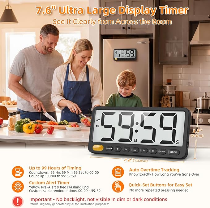 VOCOO Digital Kitchen Timer: 7.6'' Extra Large LCD Display, 99H Countdown, Magnetic, 4 Volume Levels, Visual Light Alert, Battery Operated Count-Up Stopwatch for Cooking, Home Gym, Classroom (Black)