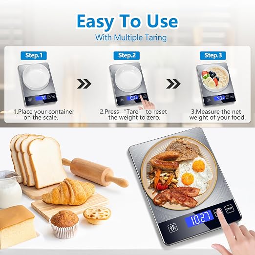 Food Kitchen Scale, Digital Food Scale 33lb Digital Kitchen Scale Precisely Measures Grams and Ounces for Meal Prep Baking and Cooking, 304 Stainless Steel Kitchen Scale LCD Display