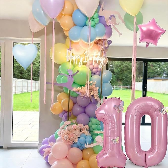 Pastel 10th Birthday Decorations for Girl,Macaron Rainbow 10th Party Decoration Colorful Balloons Banner Star Heart Number 10 Foil Balloon Cake Topper Butterfly Party Decorations