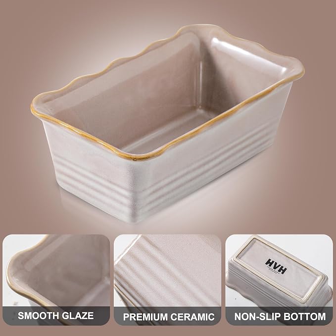 HVH Ceramic Loaf Pan for Baking Bread, Rectangular Baking Bread Loaf Pan, 9 x 5 inch Bread Pan, Bread Baking Pan for Cooking, Wave Series, Farmhouse Style (Sand Color)