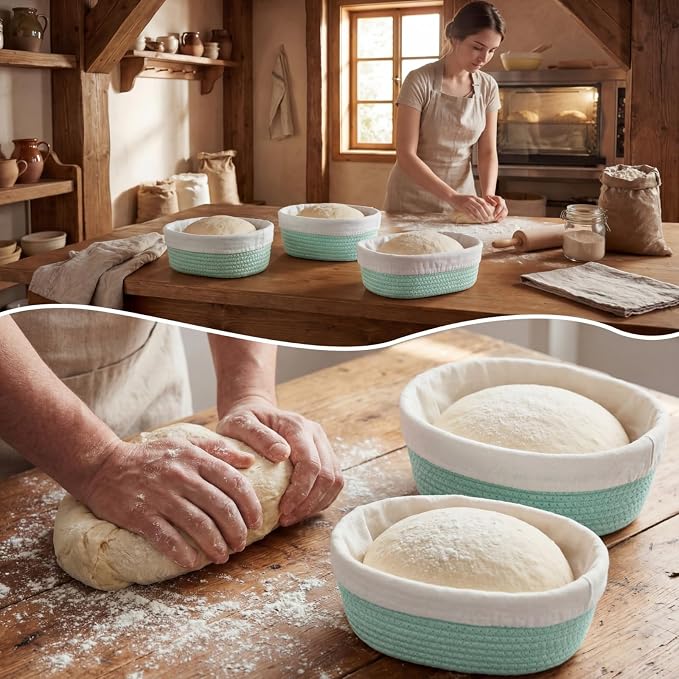 4 Pcs 10 Inch Bread Proofing Basket Set Cotton Rope Oval Banneton Basket Sourdough Bread with Liners Covers for Baking Supplies (Green)