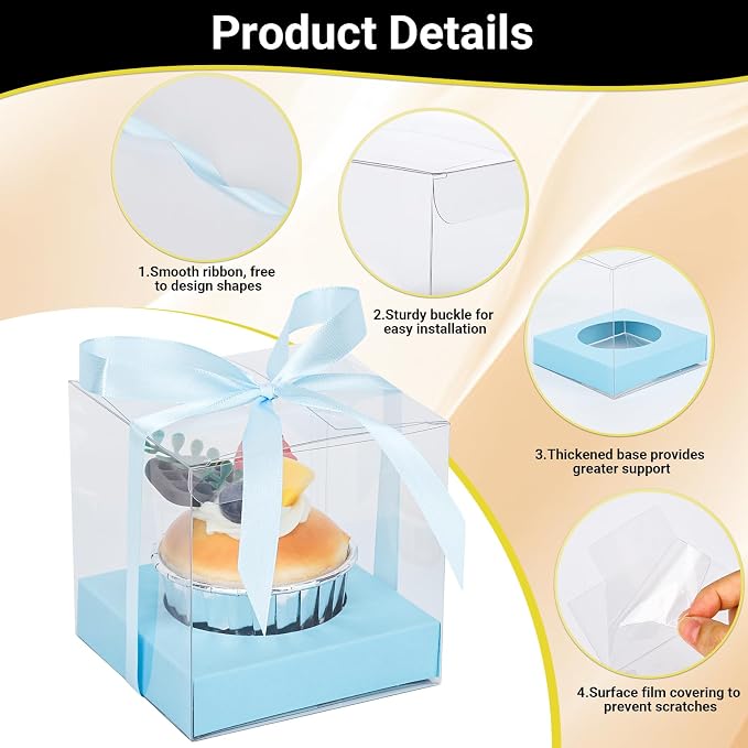 EUSOAR Individual Cupcake Containers, 3.5 Inch Clear Cupcakes Boxes Individual 24 Packs with Inserts and Gift Ribbon, Dessert Pastry Holder Disposable Cookies Wrappers for Wedding Party Favor Bakery