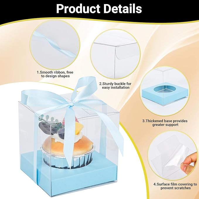 EUSOAR Cupcake Containers, 100 Pack 3.5 Inch Plastic Blue Cupcake Boxes with Inserts and Ribbon, Individual Clear Pastry Muffins Gift Holder Disposable Cake Carrier Display for Wedding Party Bakery