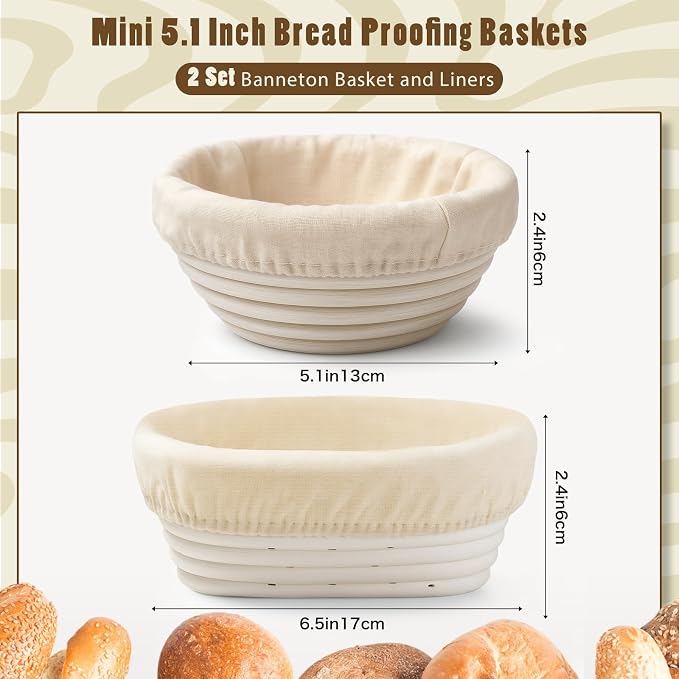 Fanfanwin 2 Pack Mini Bread Proofing Baskets with Liners Banneton Baskets Dough Proofing Bowls for Home Sourdough Bread Baking Supplies(Oval+round)