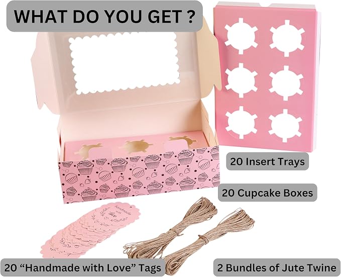 Cupcake Boxes with Insert trays (Pack of 20), Pink Cupcake Carrier, Food Grade Bakery Boxes with Windows and Inserts to Fit 6 Cupcakes Muffins or Pastries