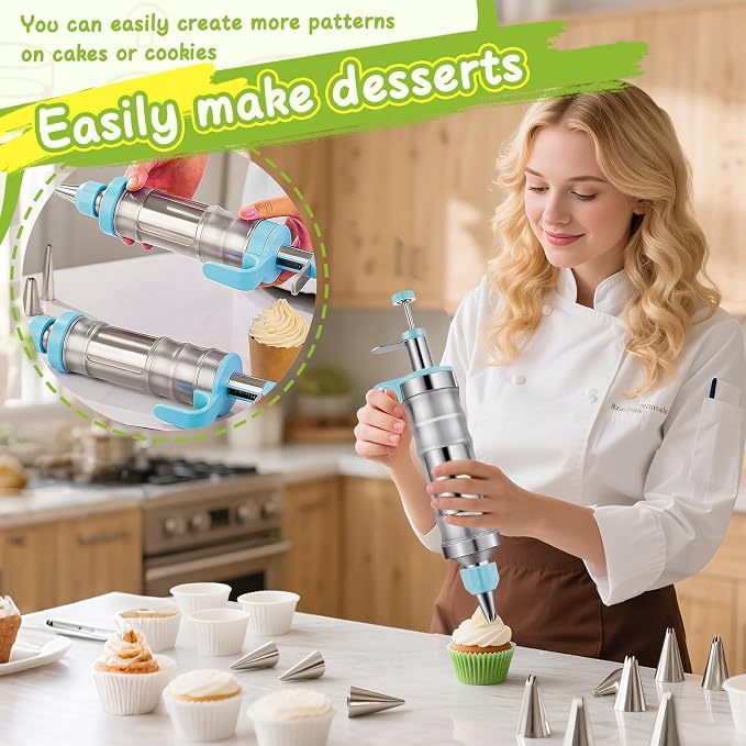 NOVANO Dessert Decorating Syringe Set, Blue | Frosting Piping Kit, Stainless Steel, 54 Piping Tips, 9 Silicone Cupcakes
