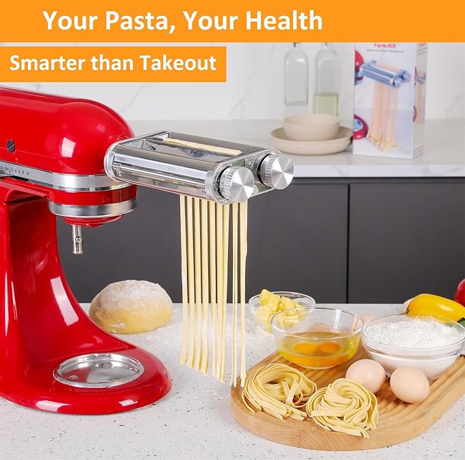 FavorKit Pasta Maker Attachment for KitchenAid Stand Mixers, Sturdy 3 in 1 Set Included Pasta Sheet Roller, Spaghetti and Fettuccine Cutter Accessories, Metal Construction, Unique Design