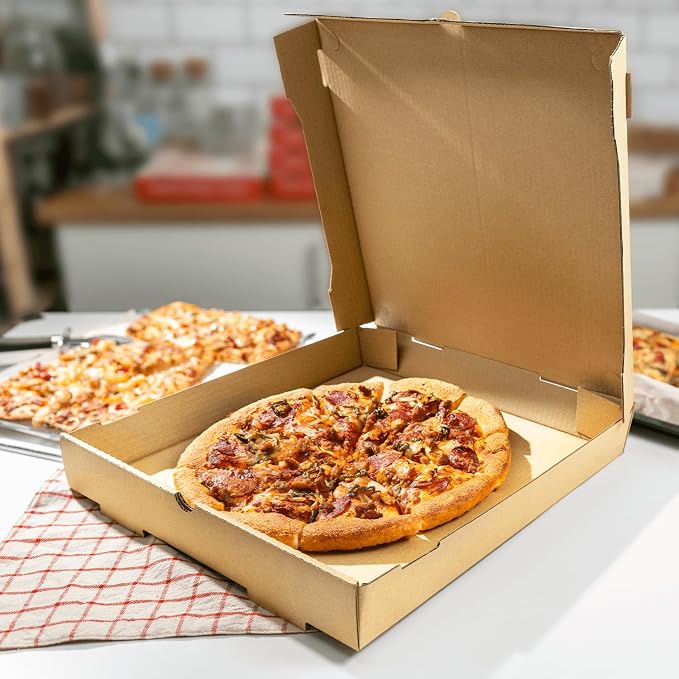 Karat Pizza Boxes 14" x 14" x 2" [50 Pack] Kraft Corrugated Boxes | Ventilated, Grease-Resistant, Durable for Pizza, Catering or Shipping Use