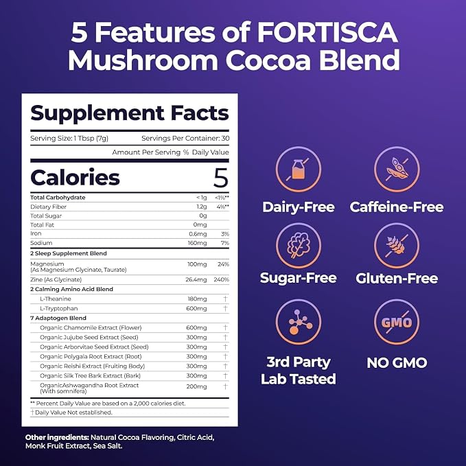 Mushroom Hot Cocoa Powder, Creamy Hot Chocolate Drink Mix with Reishi Mushroom, Magnesium and Botanical Ingredients, Cocoa Beverage Powder for Daily Evening Routine, Mushroom Cocoa Mix