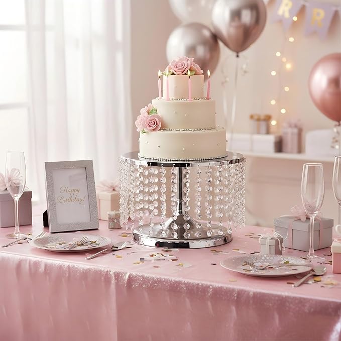 Cake Stand for Dessert Table 12 Inch Silver Crystal Pendants Metal Cake Stand Serves as A Round Dessert Cupcake Display Plate for Table, Wedding, Party, Event