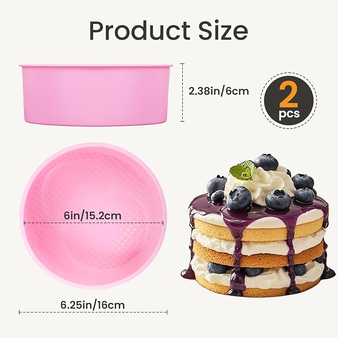 6 Inch Silicone Round Cake Pan, 2 Pcs Silicone Cake Pans, Nonstick Baking Mold BPA Free Dishwasher Safe, Great for Layer Cake, Cheese Cake, Chocolate Cake