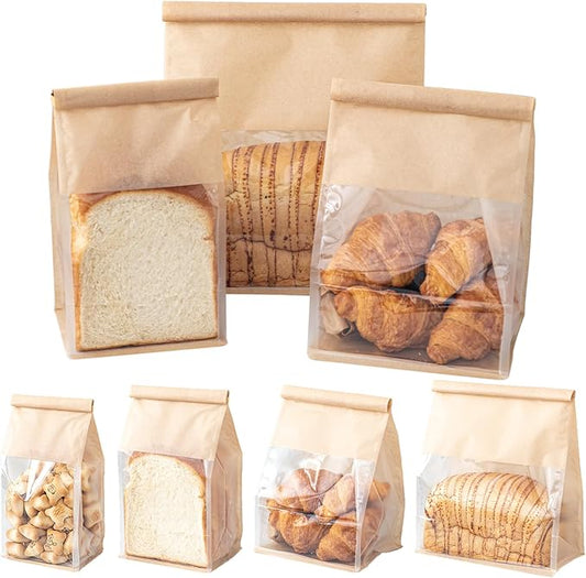 50 Pcs Bread Bags with Tin Tie, Loaf Bags Made Of Brown Cotton Paper, Storage Packing Bag with Clear Window for Bakery, Cafe, Homemade Bread, Mini Size 3.9 Inch