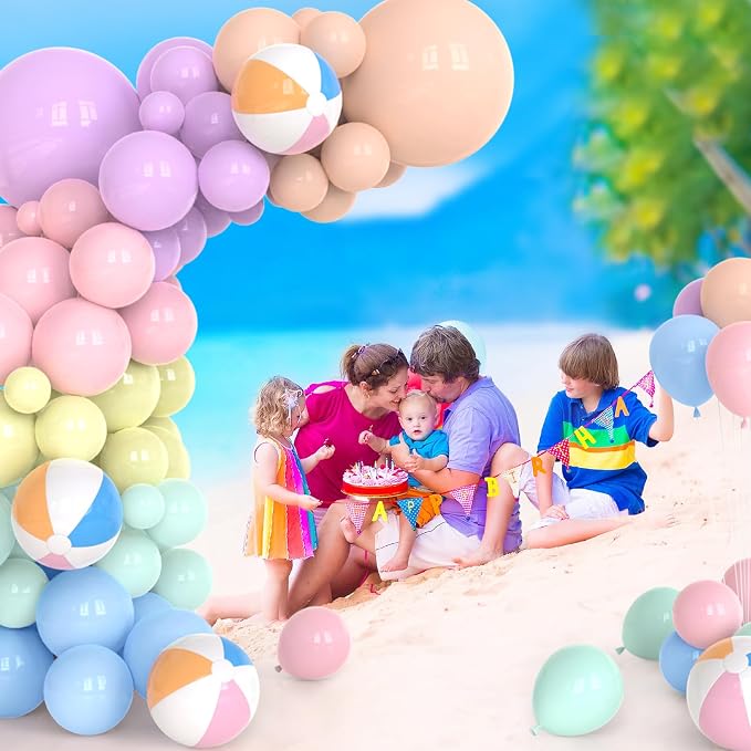152PCS Summer Beach Balloon Arch Kit Pool Colorful Macaron Balloon Garland for Swimming Party Decorations Pastel Pink Beach Ball Birthday Wedding Gathering Supplies Decor