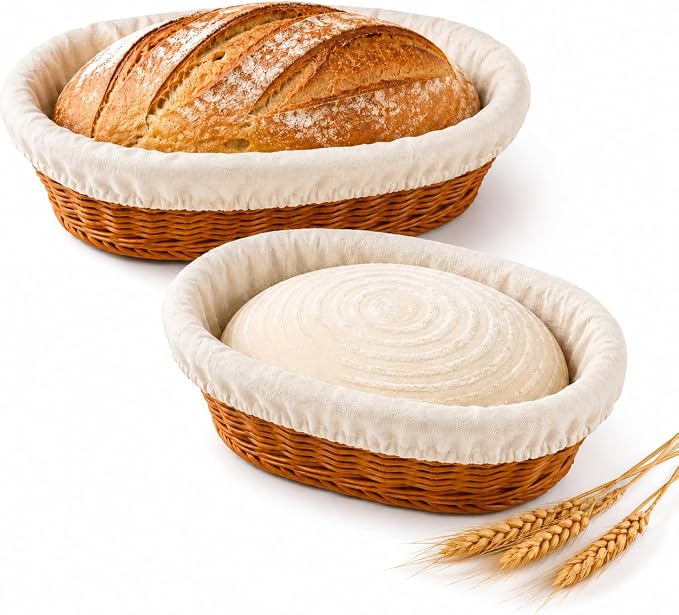 14" Bread Proofing Basket with Non-Stick Linen Liners,Wicker Sourdough Proofing Bread Baking Supplies,Oval Banneton Bread Baskets for Home Bakers Homemade Bread Baking（Wicke Set of 2）