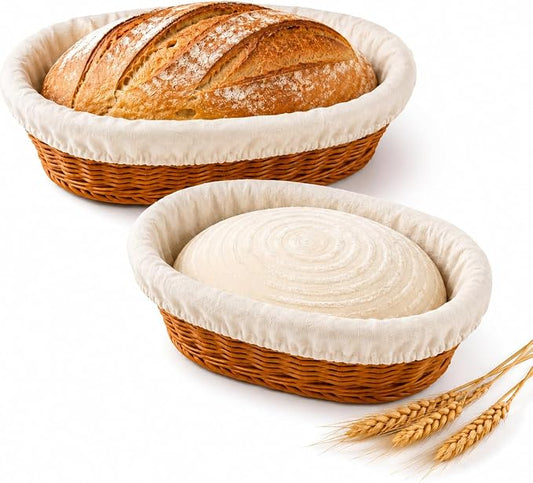 14" Bread Proofing Basket with Non-Stick Linen Liners,Wicker Sourdough Proofing Bread Baking Supplies,Oval Banneton Bread Baskets for Home Bakers Homemade Bread Baking（Wicke Set of 2）