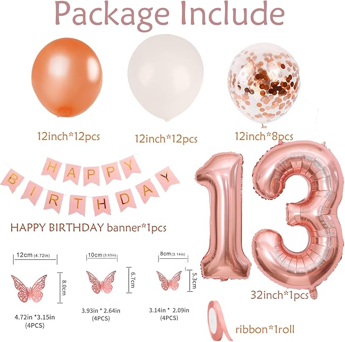 13th Birthday Decorations For Girls -Rose Gold Pearl White Balloons, 32 Inch Rose Gold "13" Balloon, 3D Butterflies Stickers, Happy Birthday Banner For Teen Girl 13th BD Decorations