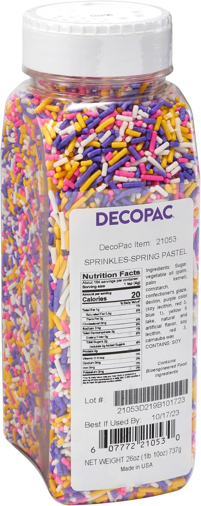 DecoPac Pastel Rainbow Sprinkles | Extra Large 26oz Pack | Cake Sprinkle Mix, Fancy Sprinkles For Cake Decorating, Handheld Container, Candy Sprinkles, Spring Cake Sprinkles - Pink, Purple, Yellow & White