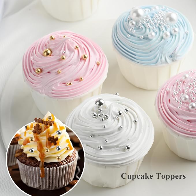 Homankit Edible Pearl Sprinkles for Baking, Gold Silver Black and White Sugar Pearls Cake Decorations for Cupcake Toppers Cookie Decorating Birthday Party Wedding Valentines Christmas Supplies