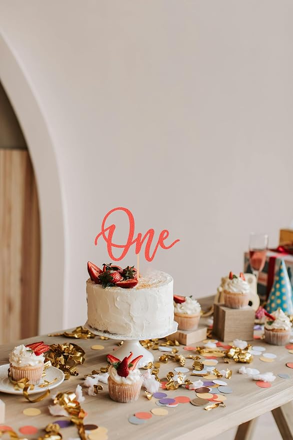MYAMPED First Birthday Cake Topper - Glitter Red One Sign 1st Birthday Decorating Supplies for Baby Shower, Gender Reveal, Party or Photo Booth Props (Red)