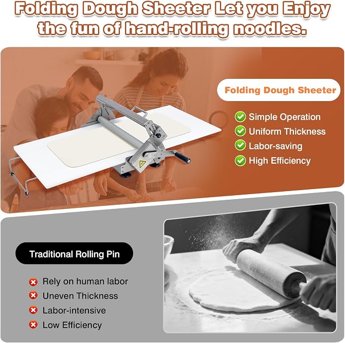 Folding Dough Sheeter, 40.9 x 15.5 Inch Manual Dough Roller Machine with Sheeter Board, Stainless Steel, Thickness Adjustable for Pizza Dough and Puff Pastry
