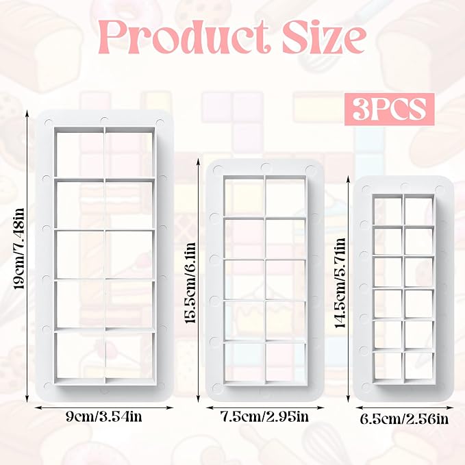 3Pcs Square Cookie Cutter Set, 3 Size Multicutter Square Fondant Cutter Geometric Biscuit Cutters Cake Decorating Safety Easy to Use Baking Tools
