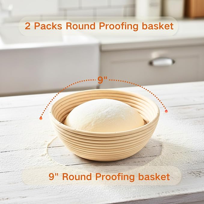 Banneton Bread Proofing Basket, 9” Round Basket Set of 2, Sourdough Proofing Basket with Liners and Cover, Baking Supplies for Home or Professional Bakers