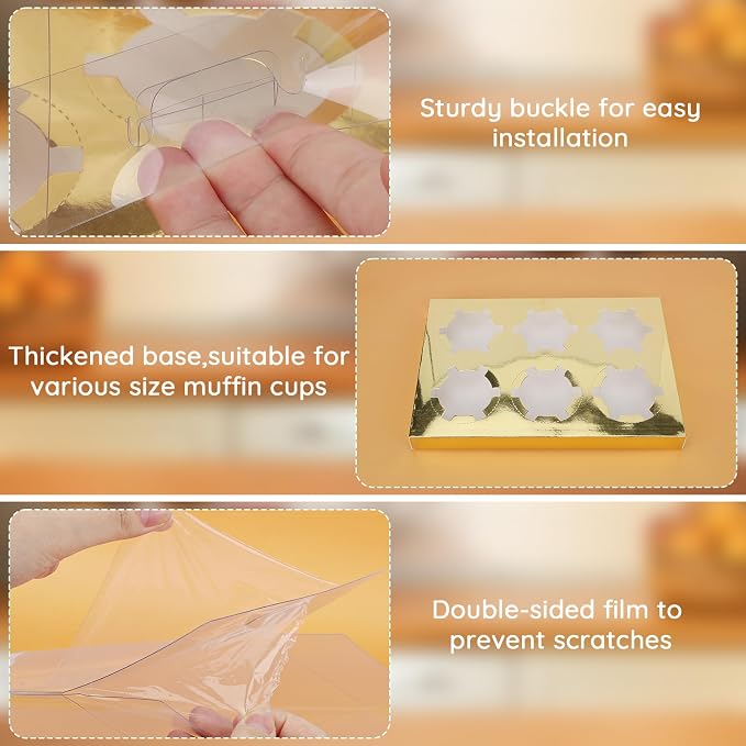 EUSOAR Cupcake Containers, 18 Pack Gold Cupcake Boxes Dessert Cookies Muffins Pastry Carrier 6 Count, Rectangle Bakery Cake Containers Assembly Plastic Holder for Wedding Birthday Party Favor Gifts