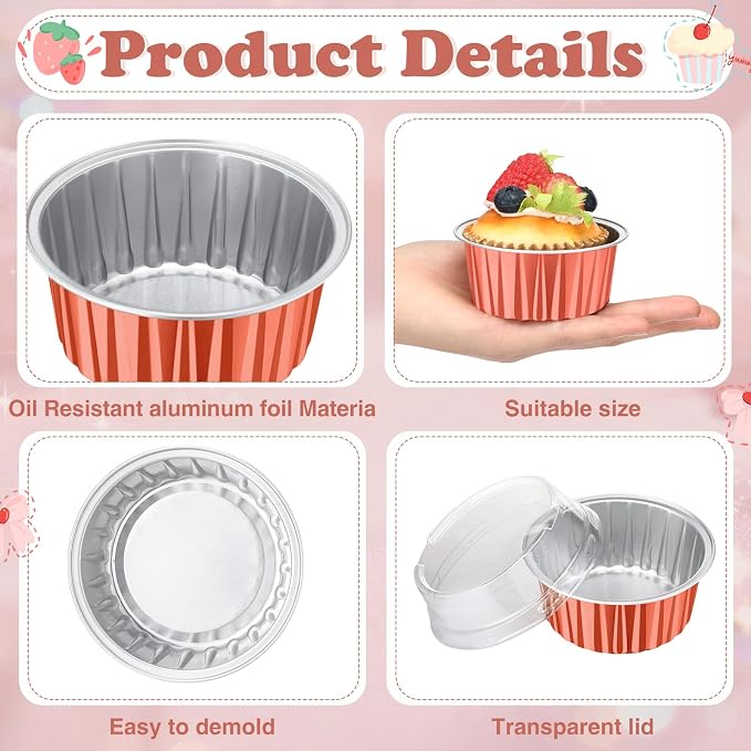 200 Pack Aluminum Foil Cupcake Liners with Lids, 5 oz Round Baking Cup, Disposable Ramekin Container for Graduation Wedding Independence Day Party(Rose Silver,Plain)