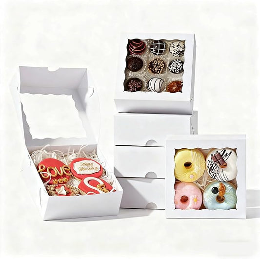 NEKSUNBAK 20 Pack 6"x6"x2.5" Bakery Boxes with Window -Chocolate Covered Strawberries, Small Cake, Cookie, Pastry, Mini Donitas & Cakesickle Truffle Chocolate Boxes