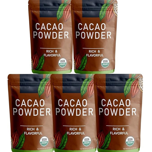 226g/5pack, Ultra-Fine Organic Cacao Powder ， Gourmet Baking Grade, Non-Alkalized Pure Cocoa for Brownies & Cookies, Dairy-Free, Vegan Certified, Resealable Bag